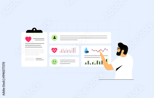 Remote patient monitoring system, predictive analytics vital signs, wearable device health tracking, proactive chronic care management, intelligent data processing workflow flat vector illustration