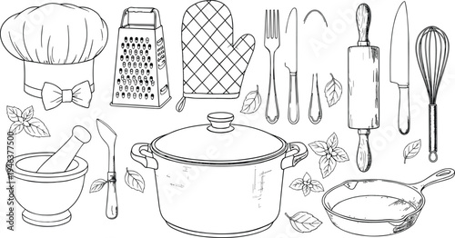 Hand drawn kitchen utensils set with chef hat, cooking pot, pan, grater, rolling pin, and whisk, sketch for restaurant menu design.