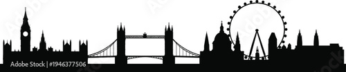 London skyline silhouette panorama featuring Big Ben, Tower Bridge and London Eye, black vector illustration isolated for travel tourism, urban architecture and famous landmark design