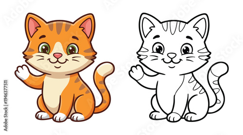 Cute Cat Waving Coloring Book Page for Kids Children