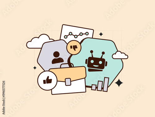 Ai job replacement, worker displacement process, recruitment automation workflow, artificial intelligent human resources optimization, workforce obsolescence concept, flat outline vector illustration