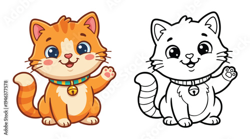 Cute Happy Kitten Waving Paw Cartoon Illustration Coloring Page