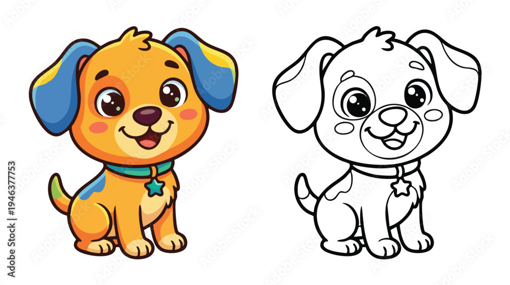 Fototapeta premium Cute Happy Puppy Dog Coloring Page and Cartoon Character Isolated