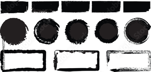 Collection of black grunge brush stroke shapes and frames on white background