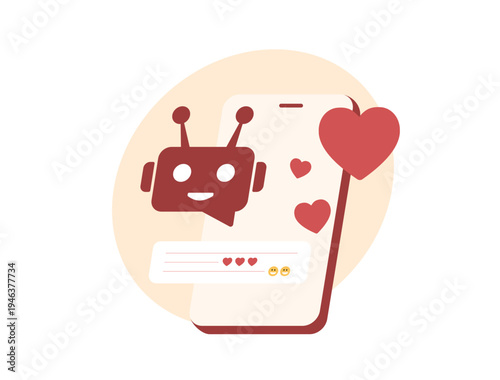 AI girlfriend romantic companion, virtual boyfriend chatbot interaction, emotional dating love simulator, intimate digital partner engagement, user attachment concept, modern flat vector illustration