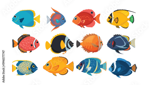 A vibrant collection of assorted tropical reef fish swimming in clear blue water, showcasing their diverse colors and patterns