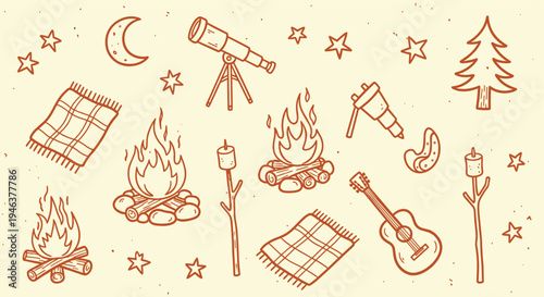 Cozy Camping Adventure with Campfire Guitar and Telescope Under Starry Night Sky