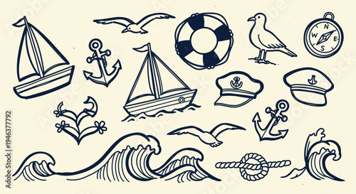 Nautical symbols and elements for sea voyage and marine adventure
