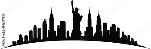 New York City skyline silhouette with Statue of Liberty and Manhattan skyscrapers panorama, black vector illustration isolated for travel design, tourism concept and urban landmark themes