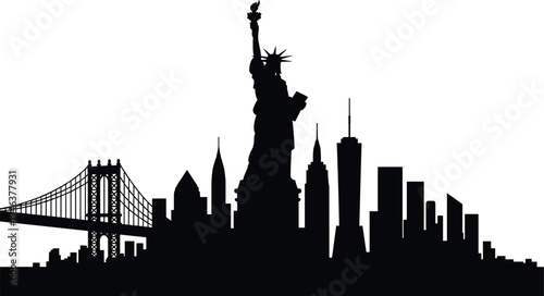 New York City skyline silhouette with Statue of Liberty and Manhattan Bridge skyscrapers panorama, black vector illustration isolated for travel tourism, urban architecture and landmark design