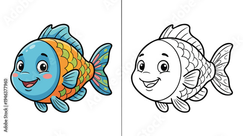 Cute Happy Fish Cartoon with Coloring Page Option for Kids Activity