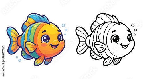 Coloring Book Page Cute Cartoon Fish Isolated White Background