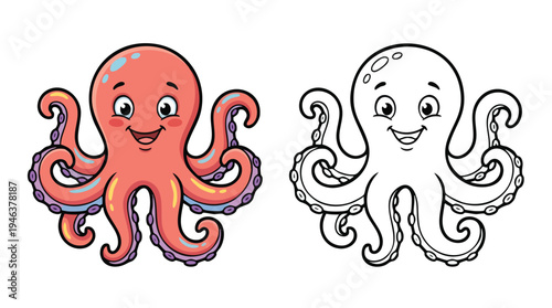 Cute Happy Octopus Cartoon Character and Coloring Book Page