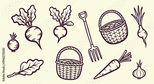 Hand Drawn Garden Vegetables and Tools Collection Isolated on Beige Background