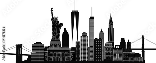 New York City skyline silhouette with Statue of Liberty, One World Trade Center and Manhattan skyscrapers panorama, black vector illustration for travel tourism and urban landmark design