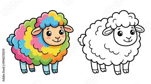 Coloring Book Cartoon Sheep with Rainbow Fur and Outline