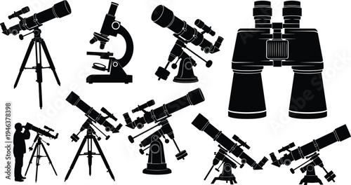 Optical instruments silhouette collection including telescope, microscope and binoculars in black vector illustration isolated for astronomy, science research, laboratory equipment 