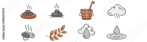 Natural Spa and Wellness Icon Set Featuring Hot Stones, Sauna Bucket, and Steam