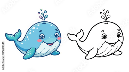 Cute Happy Blue Whale Spouting Water Cartoon Coloring Page