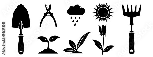 Set of Minimalist Silhouette Icons for Gardening, Planting, and Springtime Weather