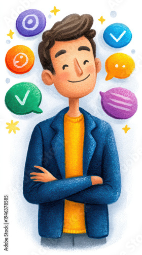 Cute cartoon man with colorful message bubbles and icons around him. Friendly illustration showing communication, feedback, and positive interaction.