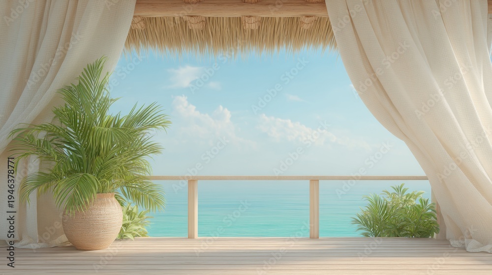 Fototapeta premium Serene Coastal View from a Tropical Balcony with Lush Greenery and Soft Drapes Against a Calm Ocean Background