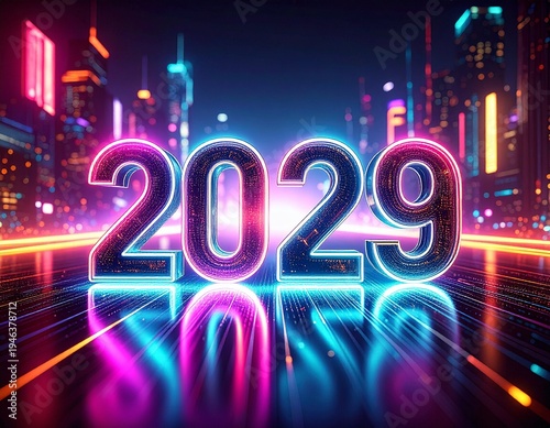 Step into the future with glowing neon 2029 typography on a wet reflective surface, set against a vibrant, high-tech cyberpunk city night background