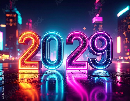 Step into the future with glowing neon 2029 typography on a wet reflective surface, set against a vibrant, high-tech cyberpunk city night background