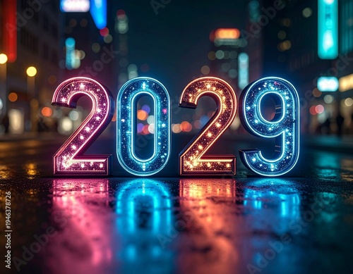 Step into the future with glowing neon 2029 typography on a wet reflective surface, set against a vibrant, high-tech cyberpunk city night background