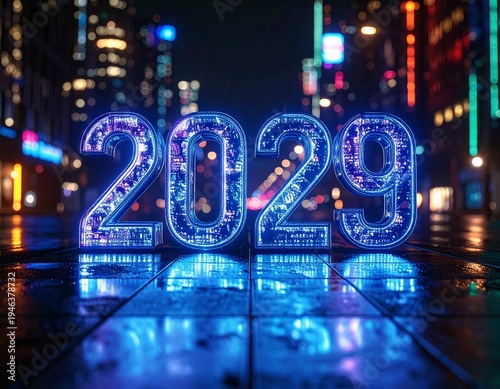 Step into the future with glowing neon 2029 typography on a wet reflective surface, set against a vibrant, high-tech cyberpunk city night background