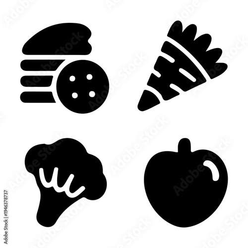 Simple black and white icons depicting a burger carrot broccoli and apple
