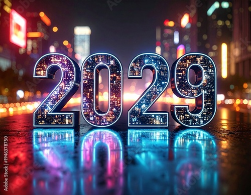 In 2029, the neon city pulses with vibrant, dripping colors. The future is a brilliant splash of glowing light against the dark urban skyline