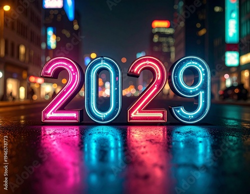 glowing neon numbers, futuristic city skyline, colorful paint splashes, vibrant typography design, cyberpunk urban landscape, bright light reflections, melting glossy text, neon pink glow, vivid blue 