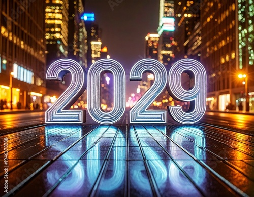 glowing neon numbers, futuristic city skyline, colorful paint splashes, vibrant typography design, cyberpunk urban landscape, bright light reflections, melting glossy text, neon pink glow, vivid blue 