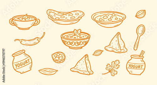 Hand drawn Indian food assortment with yogurt and spices on a light background