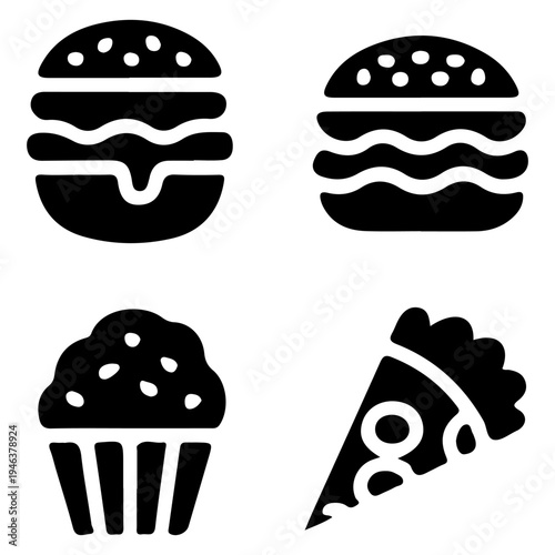 Black and white icons depicting burgers cupcake and a slice of pizza