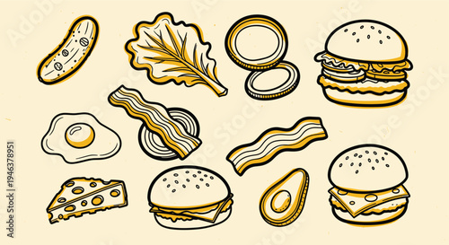 Hand Drawn Ingredients for Burgers and Sandwiches Isolated on Beige Background