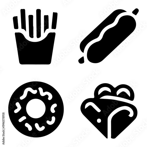 Delicious fast food icons french fries hot dog donut and taco illustrations