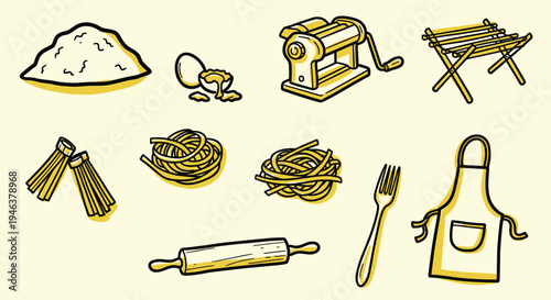 Hand Drawn Pasta Making Ingredients and Tools Collection for Homemade Italian Food