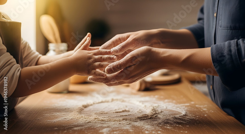 Little child and mother hands covered in flour preparing dough on a wooden table in the kitchen
