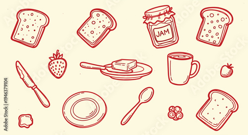 Hand drawn breakfast icons toast jam butter strawberry coffee and berries on a cream background