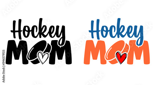 Hockey mom text with puck graphic design