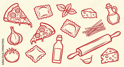 Italian Food Ingredients and Pizza Slices Hand Drawn Sketch Style