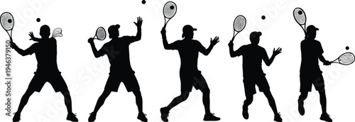 Tennis player silhouettes collection showing different serving and hitting poses with racket and ball, black vector illustration isolated for sports design, competition and athletic concept