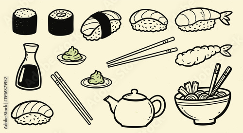Japanese Food Assortment Sushi Noodles Teapot Soy Sauce and Chopsticks Hand Drawn Style