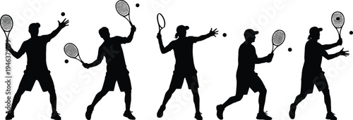 Tennis player silhouettes set showing different serving and hitting poses with racket and ball, black vector illustration isolated for sports training, competition and athletic action concepts