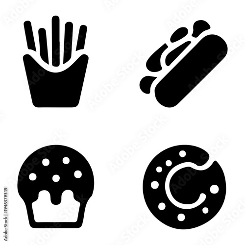 Simple black icons depicting french fries a hotdog a cupcake and a donut