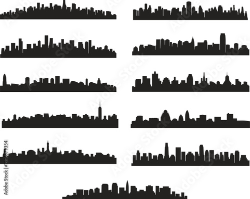 Urban city skyline silhouettes collection with multiple metropolitan skylines and skyscraper panoramas, black vector illustration set isolated for architecture design, travel graphics 