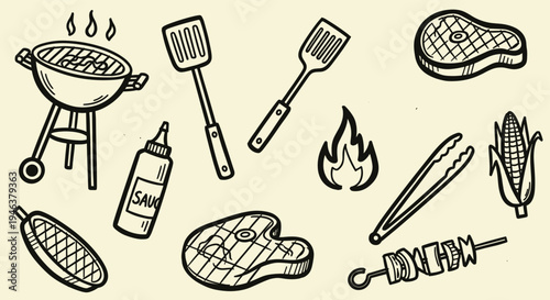 Barbecue Grill Tools and Food Collection Hand Drawn Sketch Style