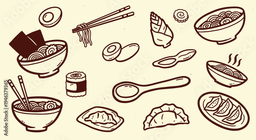 Hand drawn doodle illustration of japanese ramen and dumplings with chopsticks and spoon